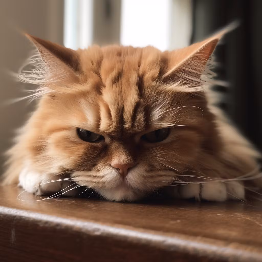 Un chat persan roux à l'expression boudeuse est allongé sur une surface en bois, avec des oreilles pointues et un regard intense, éclairé par la lumière naturelle d'une fenêtre à l'arrière-plan.